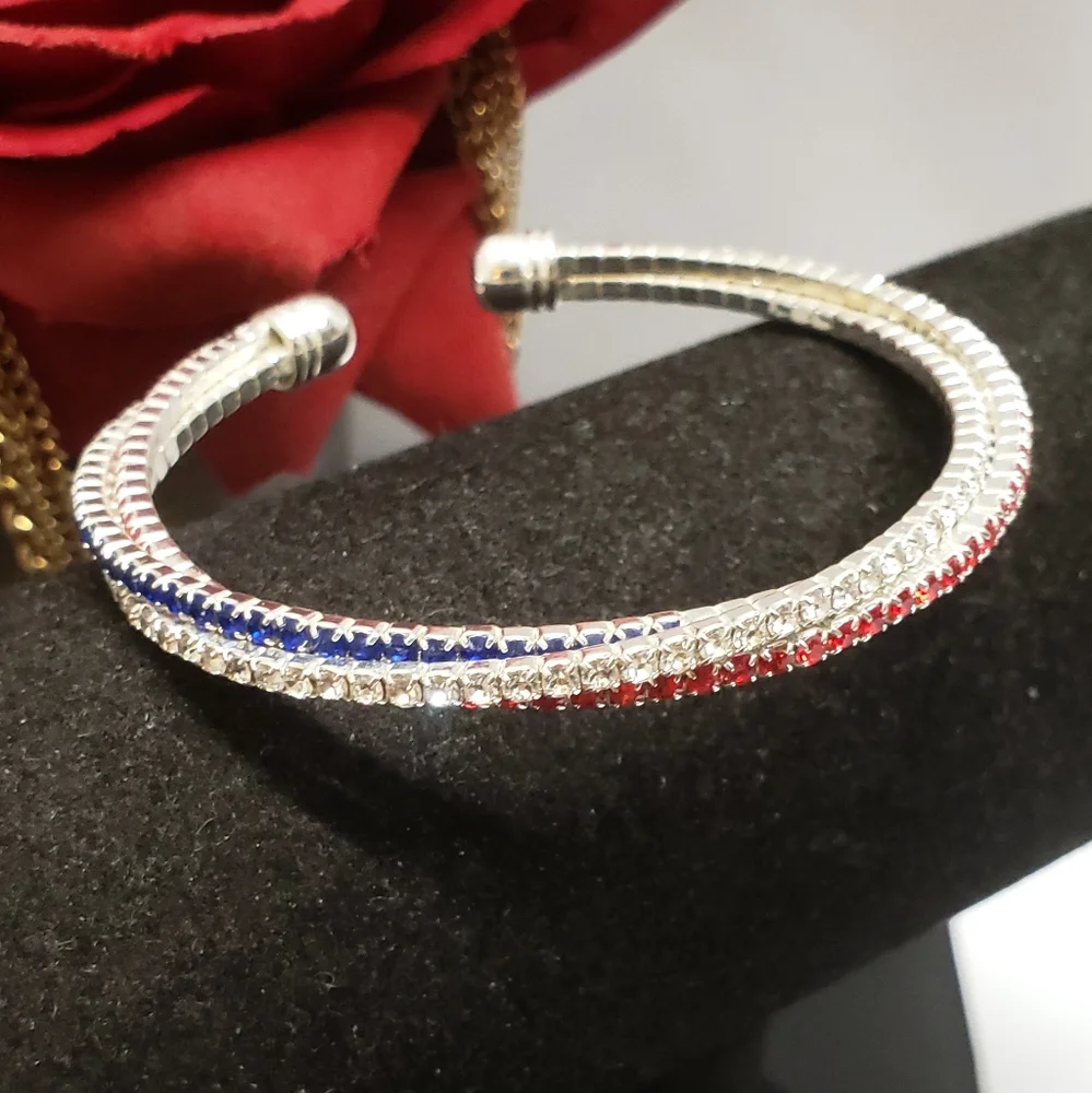 Stunning Red White & Blue Crystal Briad Silver Cuff Bracelet